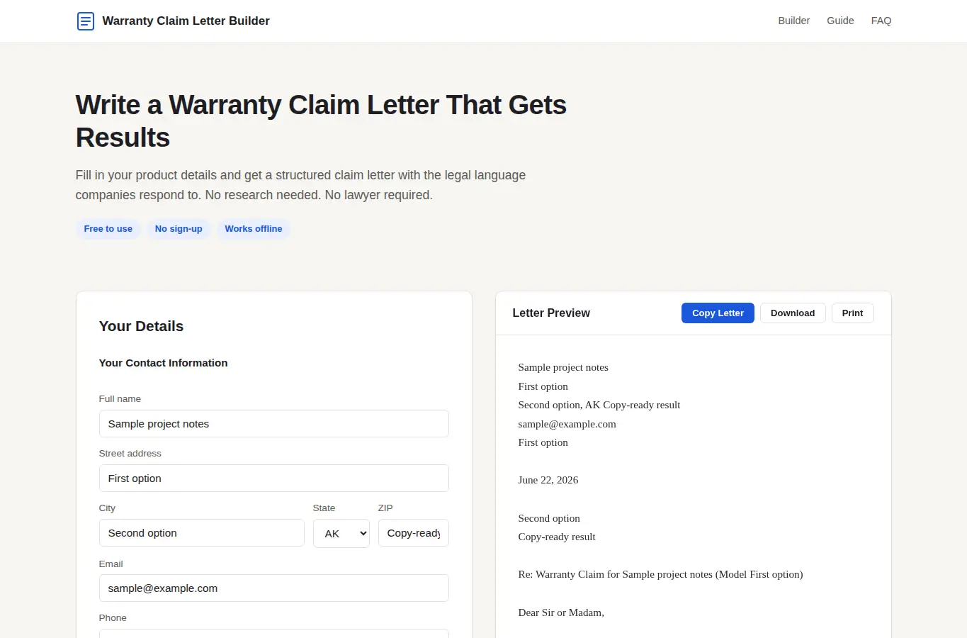Screenshot of Warranty Claim Letter Builder interface showing the project page in use
